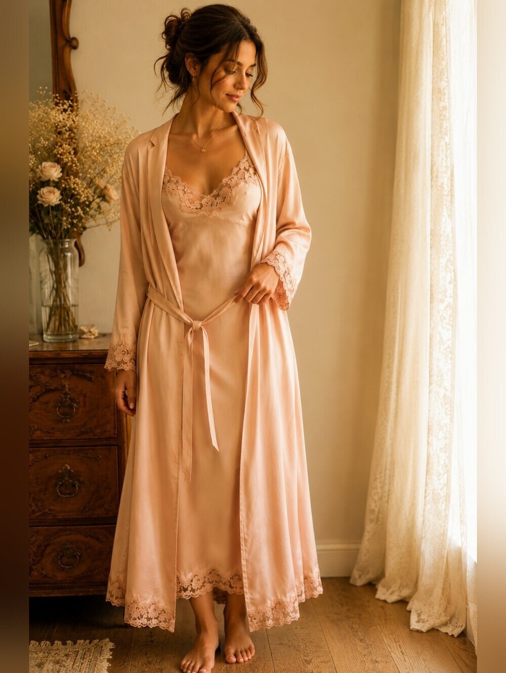 Vintage 100% Silk Blush Pink Robe & Nightgown Set | Sandwashed Silk